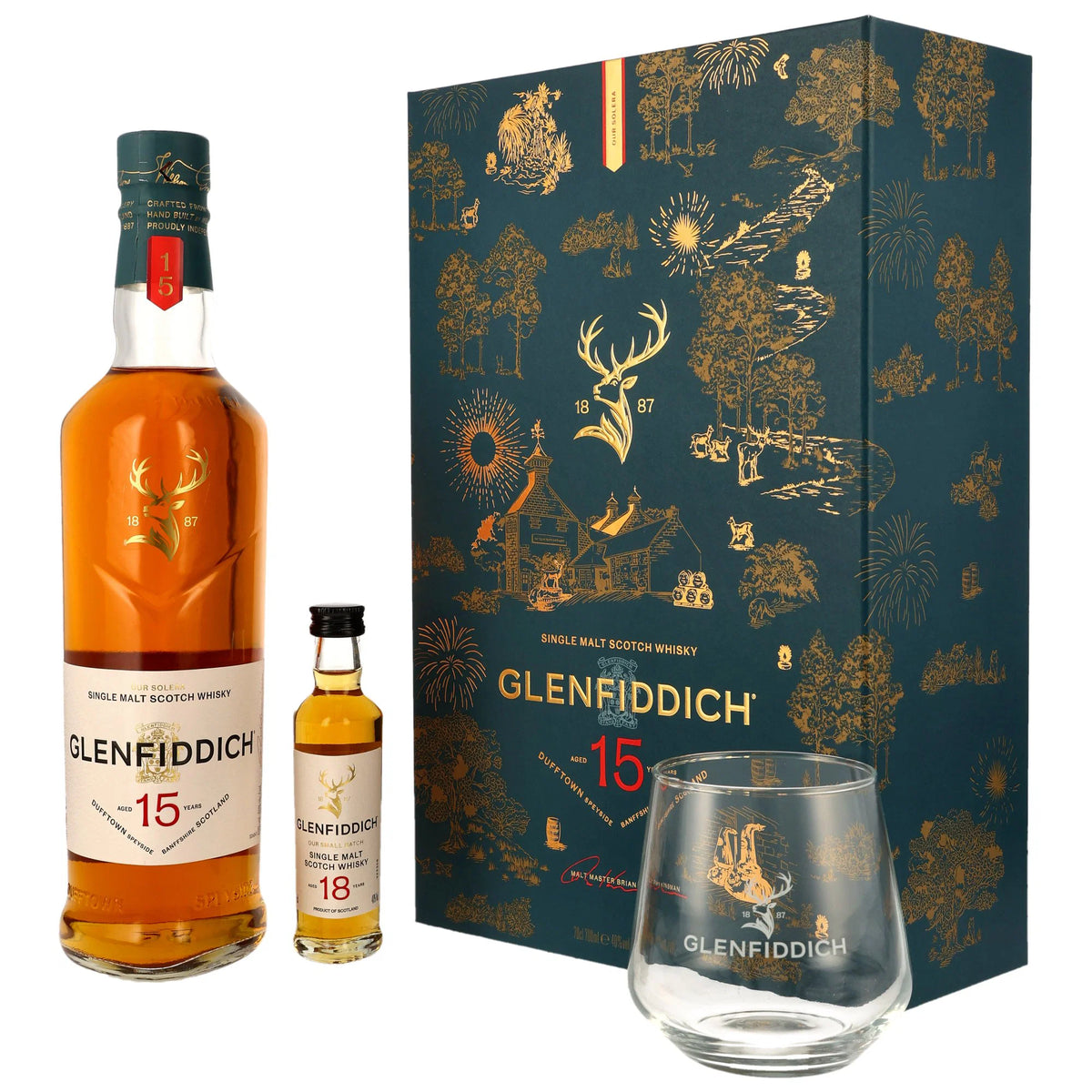 Glenfiddich 15 Jahre mit  18 Jahre Mini und Tumbler